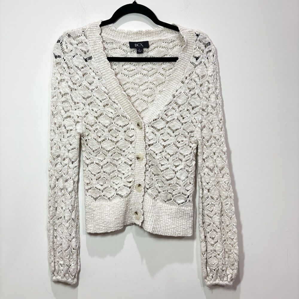 BCX Open Knit Crochet Cardigan Ivory Juniors L Cottagecore Granny Beach Coastal
